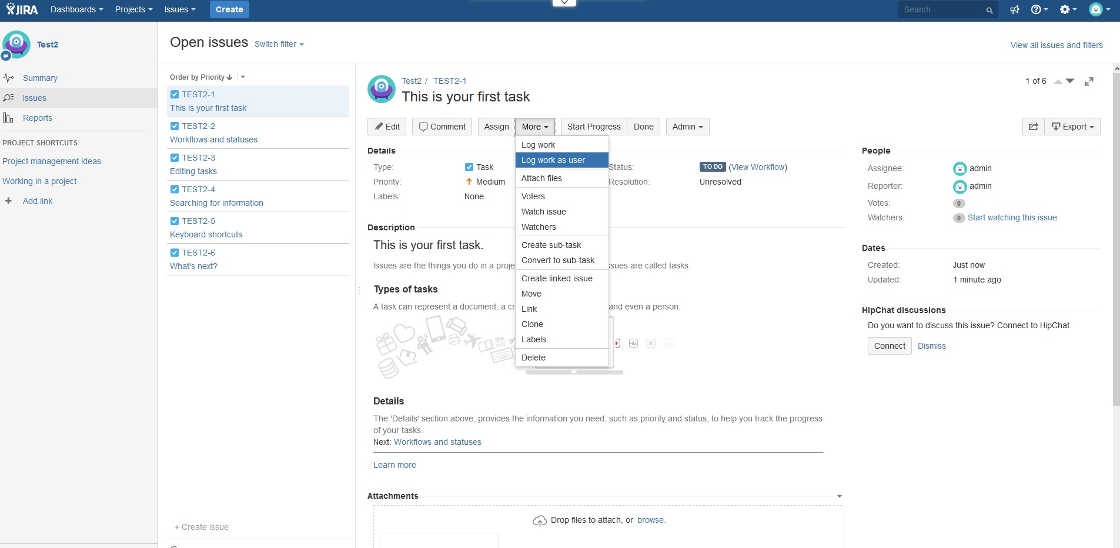 Jira worklog dialog with another-user option